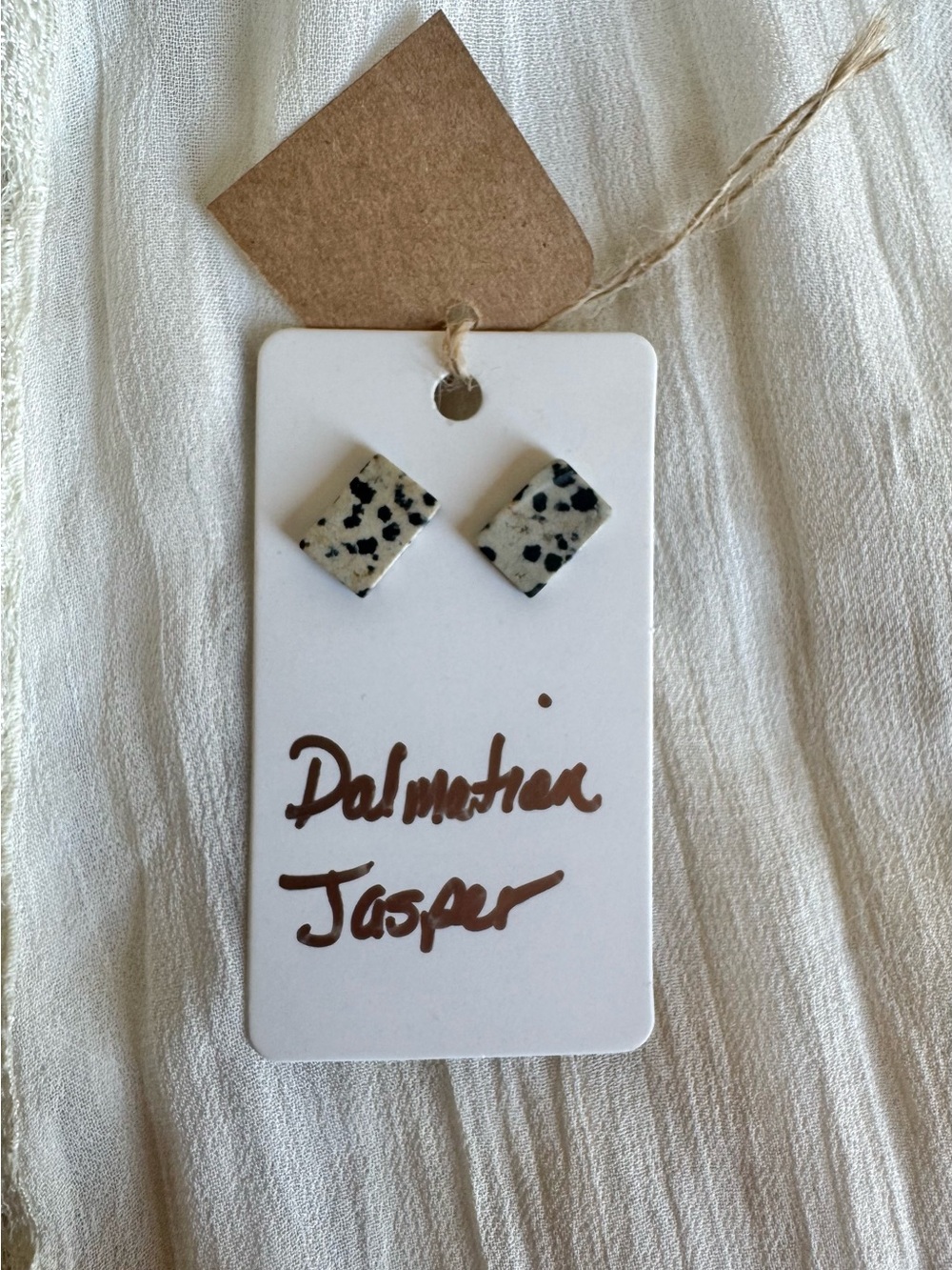 Dalmatian Jasper Square Stone Stud Earrings - Cream and Black, .75” Minimalist